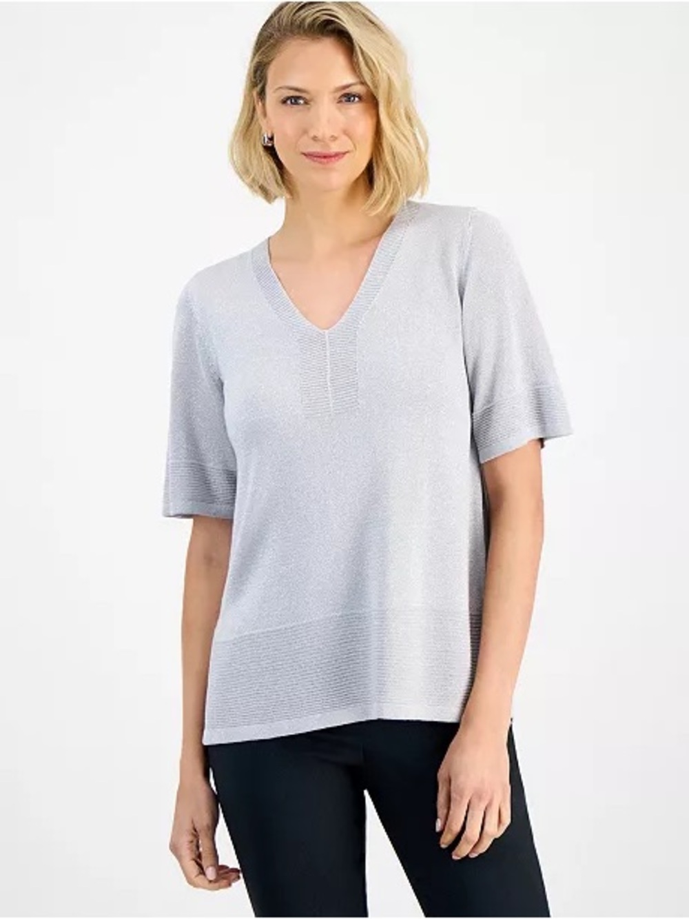 JM Collection Women's V-Neck Short-Sleeve Lurex Shine Sweater Medium NWT